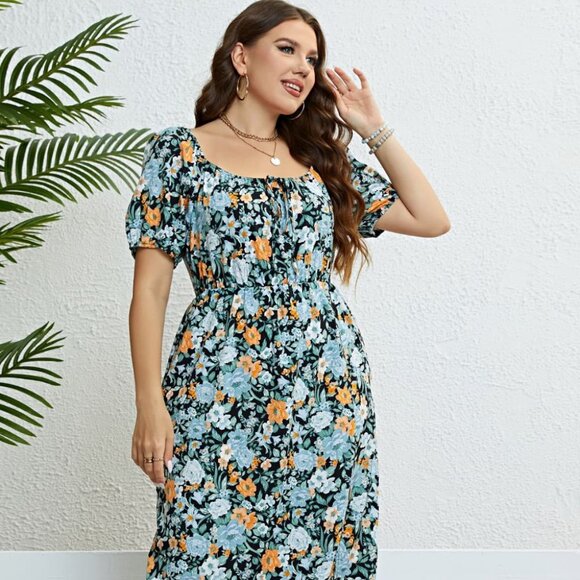 Honey Floral Split Short Sleeve Dress - Picture 1 of 8
